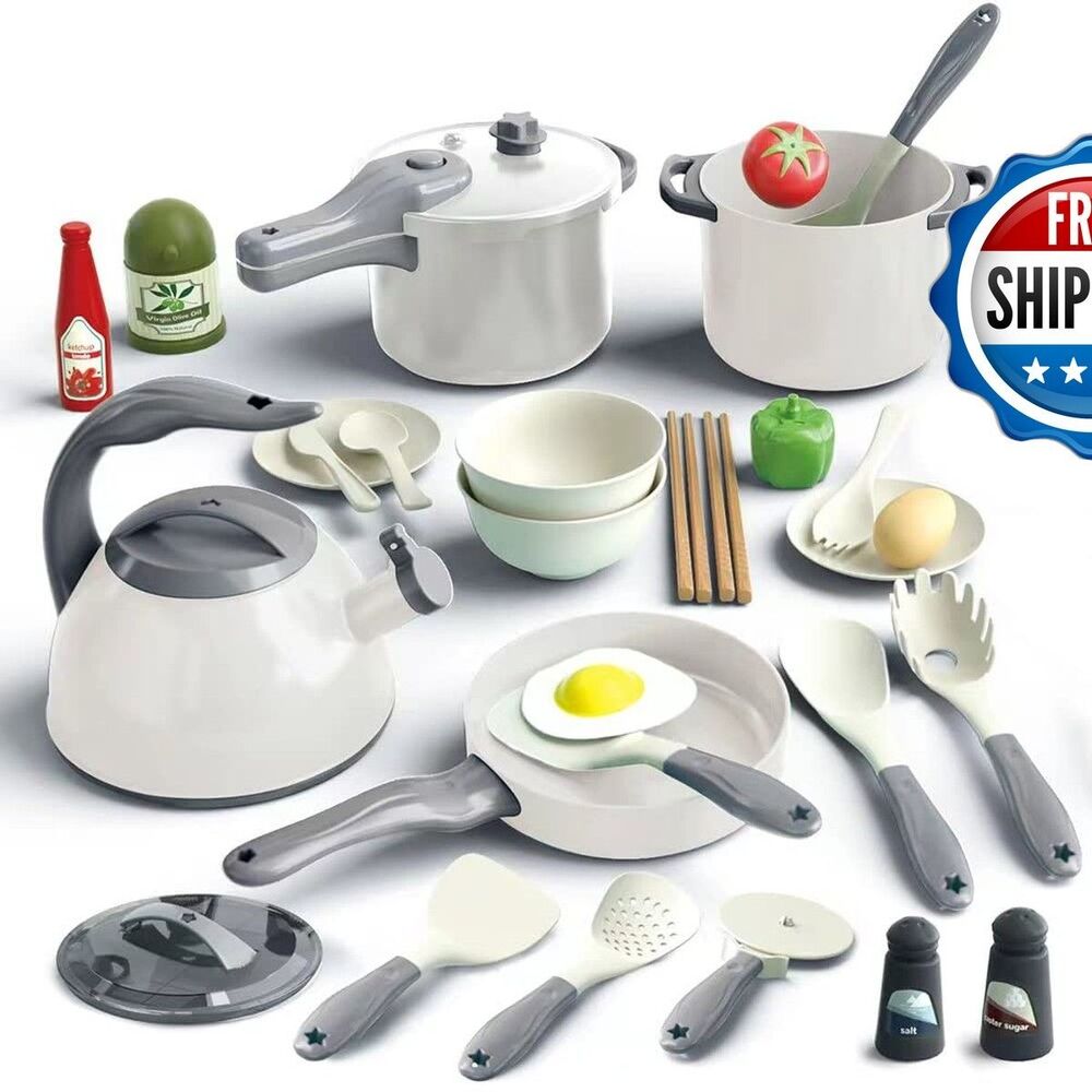 Bruvoalon 32Pcs Kids Play Kitchen Toys Set White